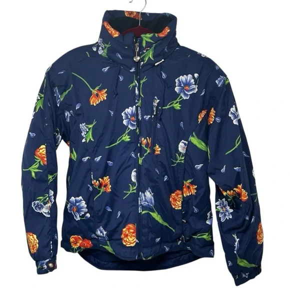Obermeyer Iris Blue Floral Zip Front Insulated Ski Snowboard Hood Coat Women 12 - Picture 4 of 16